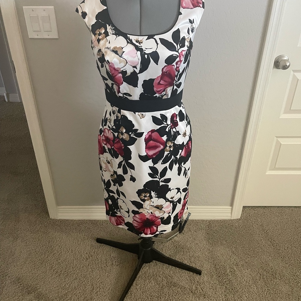 White House Black Market Black and Pink Floral Midi Dress